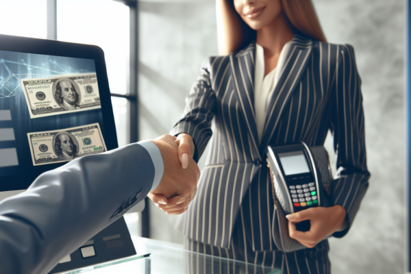 Zakelijke handdruk met contant geld en digitale betaalterminal op de achtergrond