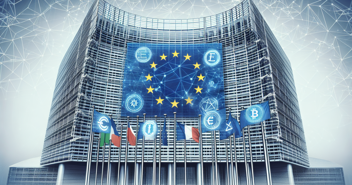 Symbolische weergave van Europese crypto-regulering met EU-vlaggen en digitale valuta elementen