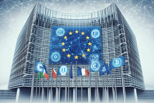 Symbolische weergave van Europese crypto-regulering met EU-vlaggen en digitale valuta elementen