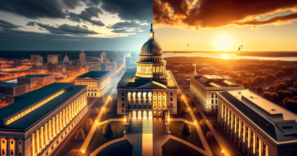 Symbolische weergave van de spanning tussen federale en staatsregulering in de VS