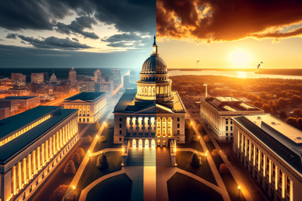 Symbolische weergave van de spanning tussen federale en staatsregulering in de VS