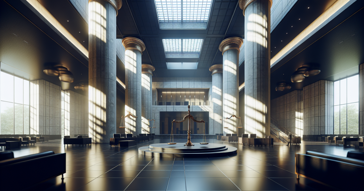 Moderne rechtbank met dramatische verlichting en architecturale elementen die rechtvaardigheid symboliseren