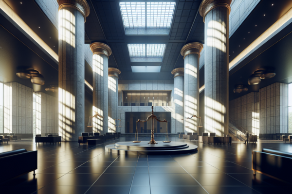 Moderne rechtbank met dramatische verlichting en architecturale elementen die rechtvaardigheid symboliseren