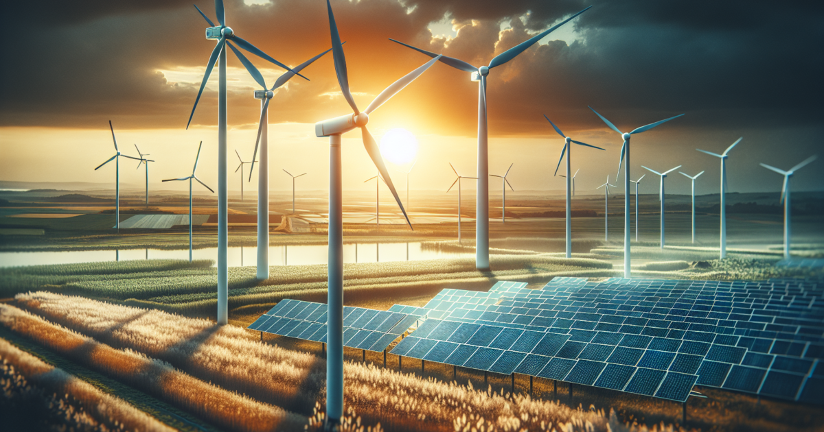 Windmolens en zonnepanelen in Nederlands landschap symboliseren de energietransitie