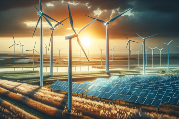 Windmolens en zonnepanelen in Nederlands landschap symboliseren de energietransitie