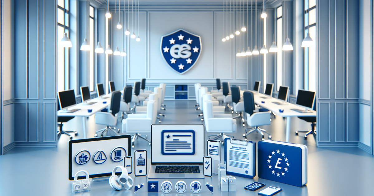 Moderne Europese regelgevingsomgeving met digitale apparaten en productveiligheidssymbolen