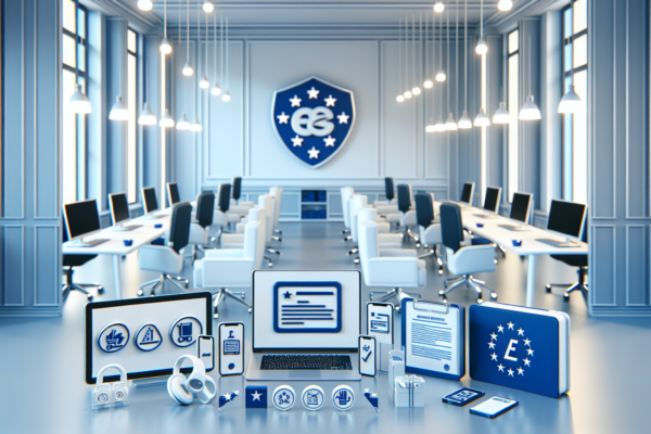 Moderne Europese regelgevingsomgeving met digitale apparaten en productveiligheidssymbolen