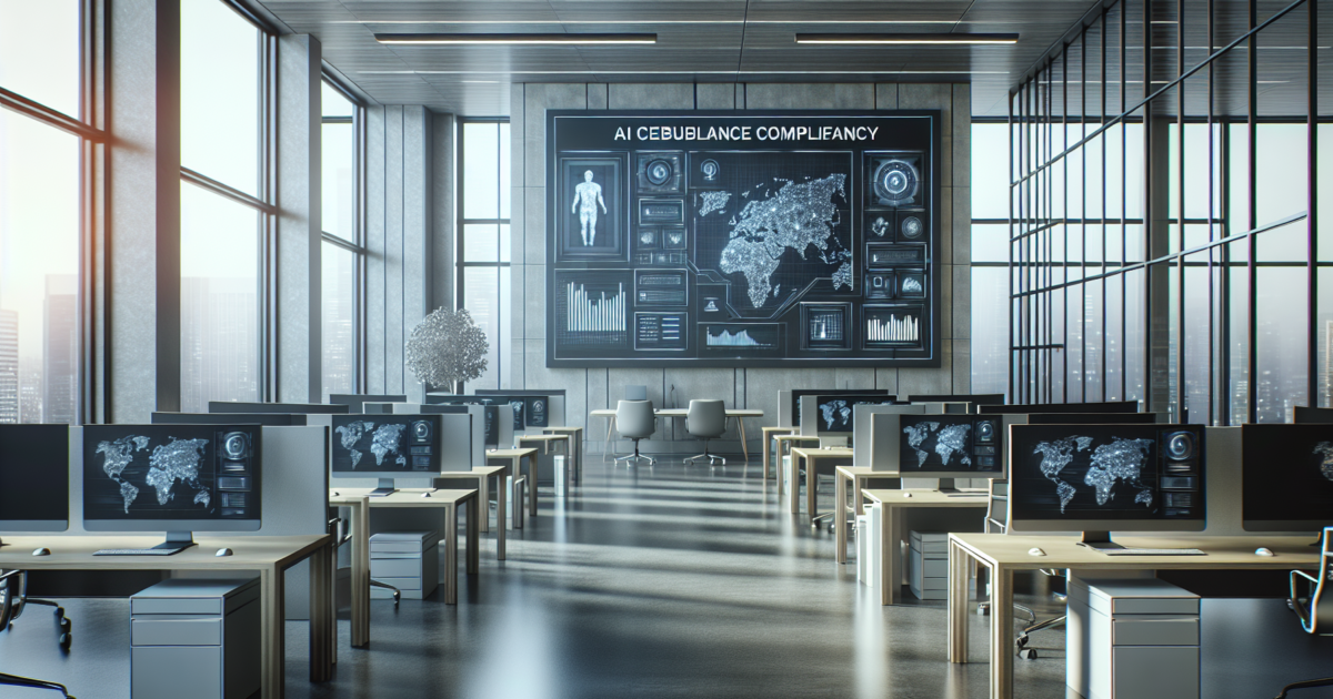 Moderne kantooromgeving met digitale schermen die AI-compliance dashboards tonen