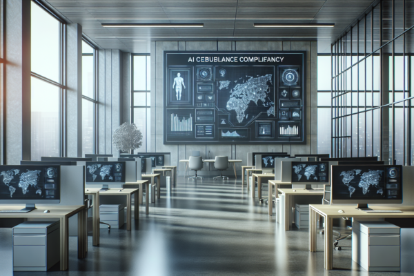 Moderne kantooromgeving met digitale schermen die AI-compliance dashboards tonen