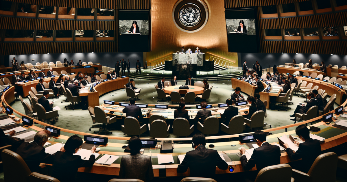 VN-vergaderzaal tijdens diplomatieke onderhandelingen over internationale wapenbeheersing