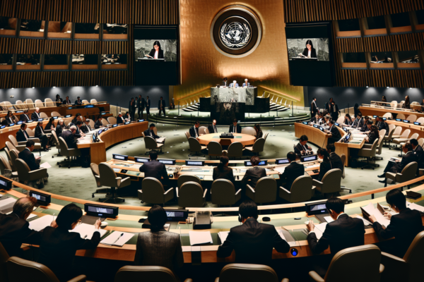 VN-vergaderzaal tijdens diplomatieke onderhandelingen over internationale wapenbeheersing