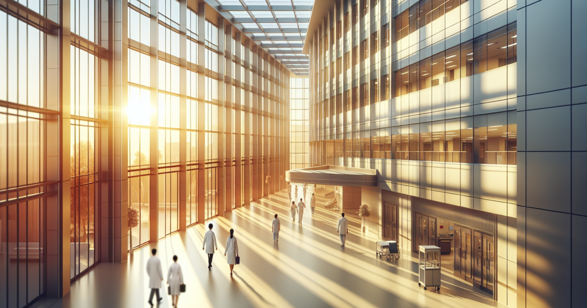 Moderne ziekenhuisgang met natuurlijk licht en zorgprofessionals