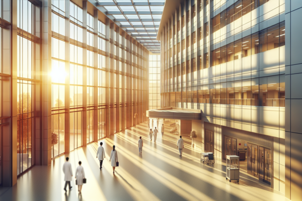 Moderne ziekenhuisgang met natuurlijk licht en zorgprofessionals