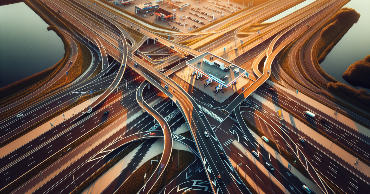 Luchtfoto van Nederlandse snelweg met tankstations tijdens de ochtendspits