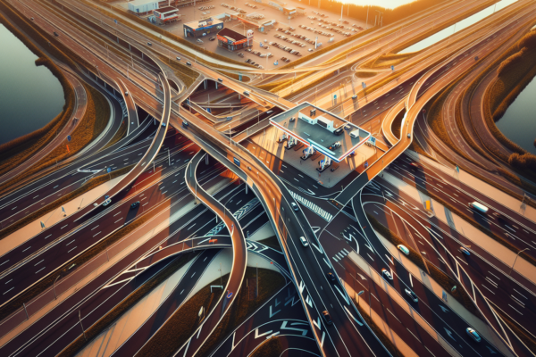 Luchtfoto van Nederlandse snelweg met tankstations tijdens de ochtendspits