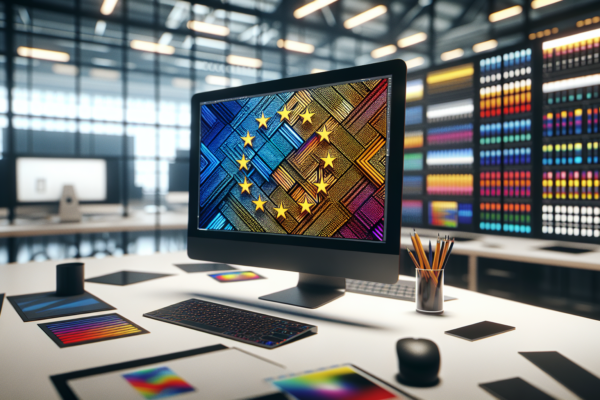 Digitaal ontwerpinterface met EU-kleuren en geometrische patronen