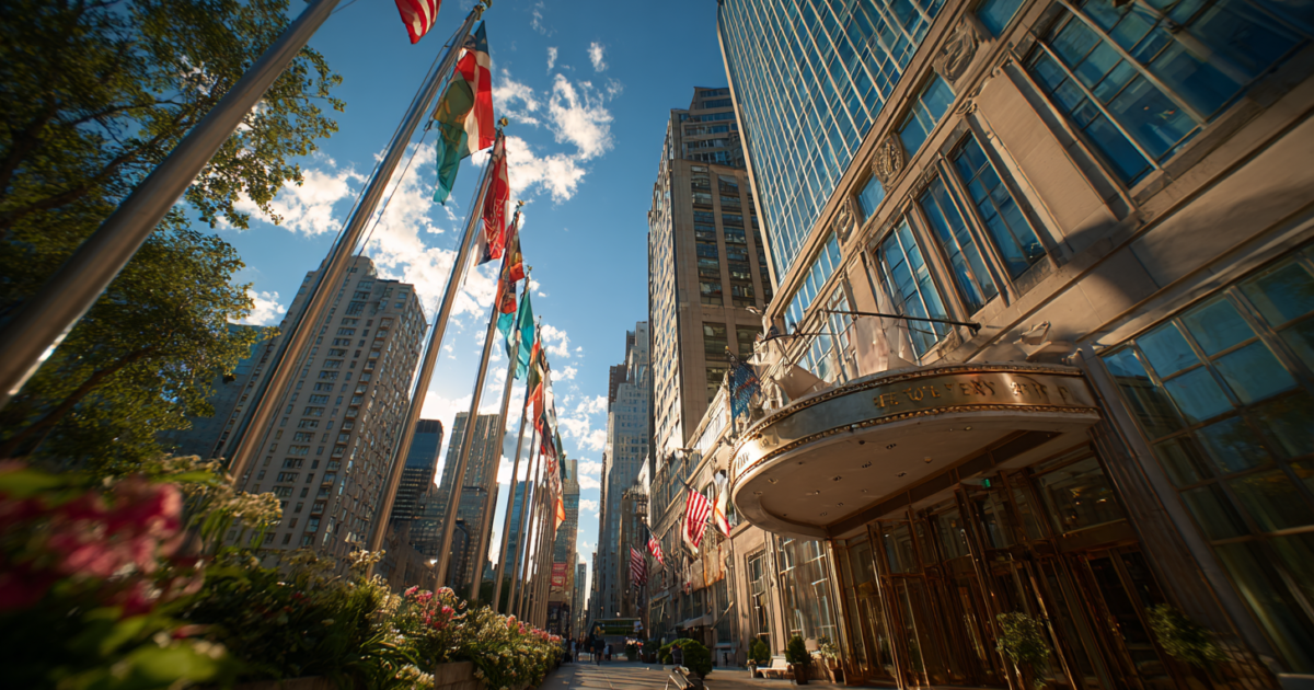 VN-hoofdkwartier in New York met Amerikaanse vlaggen en diplomatieke sfeer