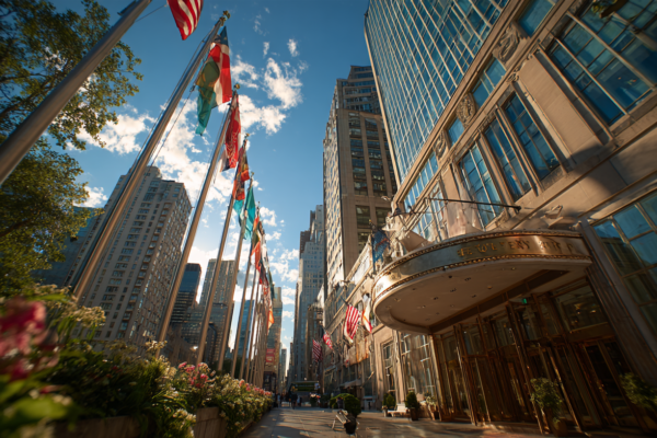 VN-hoofdkwartier in New York met Amerikaanse vlaggen en diplomatieke sfeer