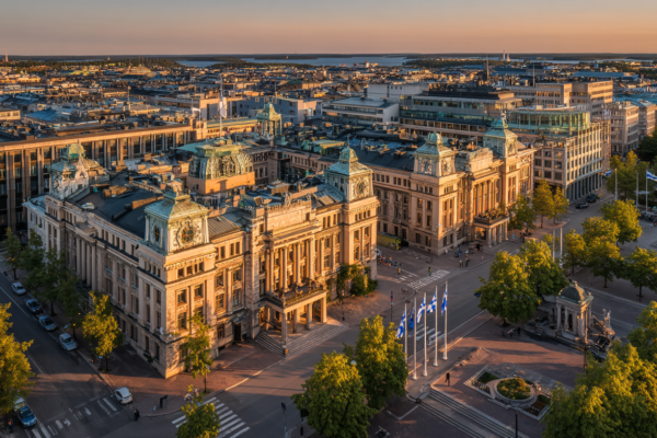 Luchtfoto van het Finse regeringsdistrict in Helsinki met EU- en Finse vlaggen