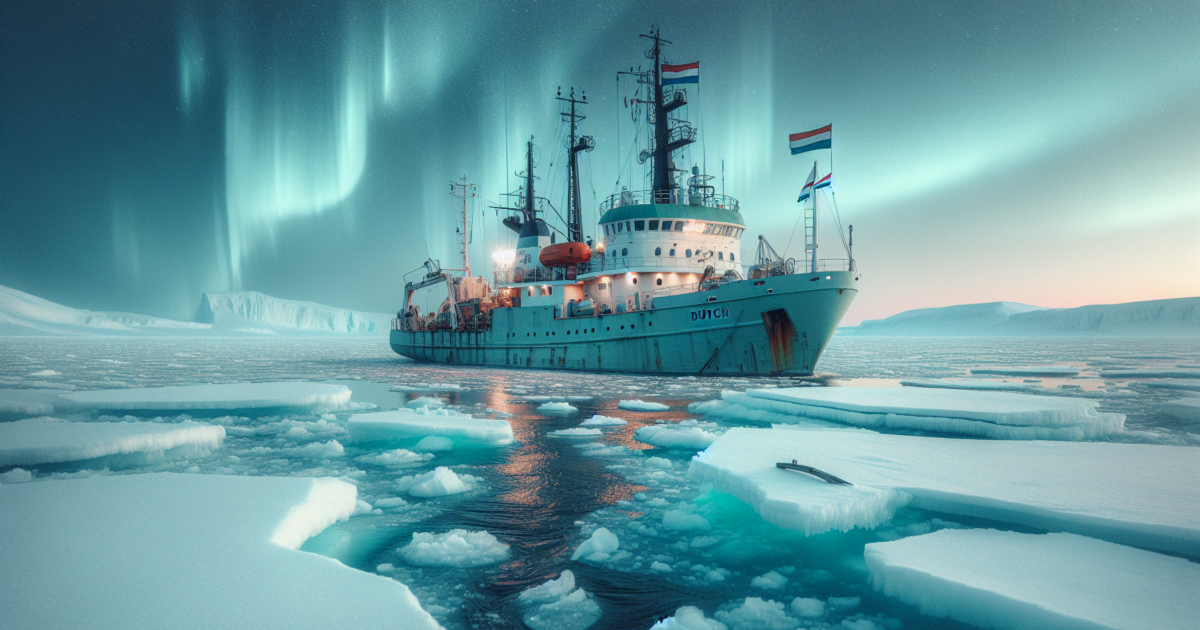 Nederlands onderzoeksschip in arctische wateren met noorderlicht