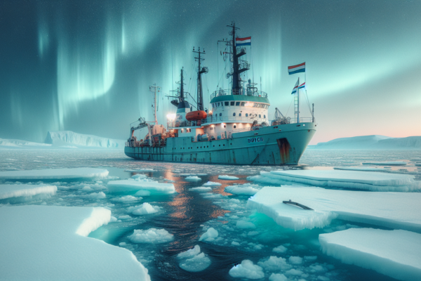 Nederlands onderzoeksschip in arctische wateren met noorderlicht