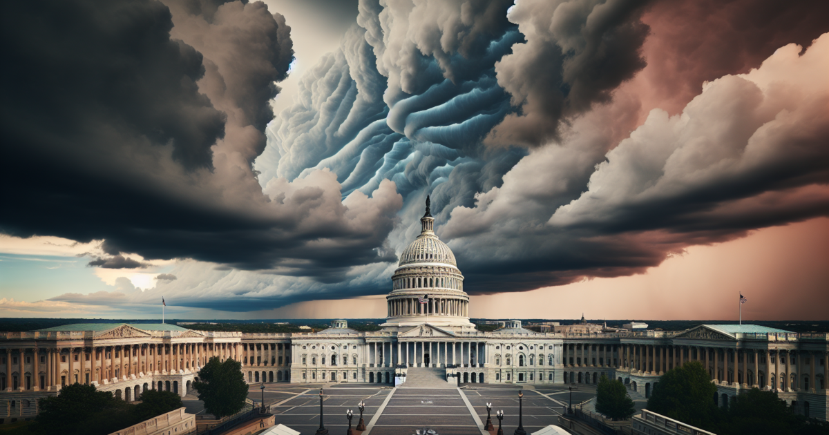 Het Amerikaanse Capitool tegen een dramatische hemel, symbolisch voor politieke spanning