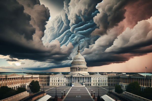 Het Amerikaanse Capitool tegen een dramatische hemel, symbolisch voor politieke spanning