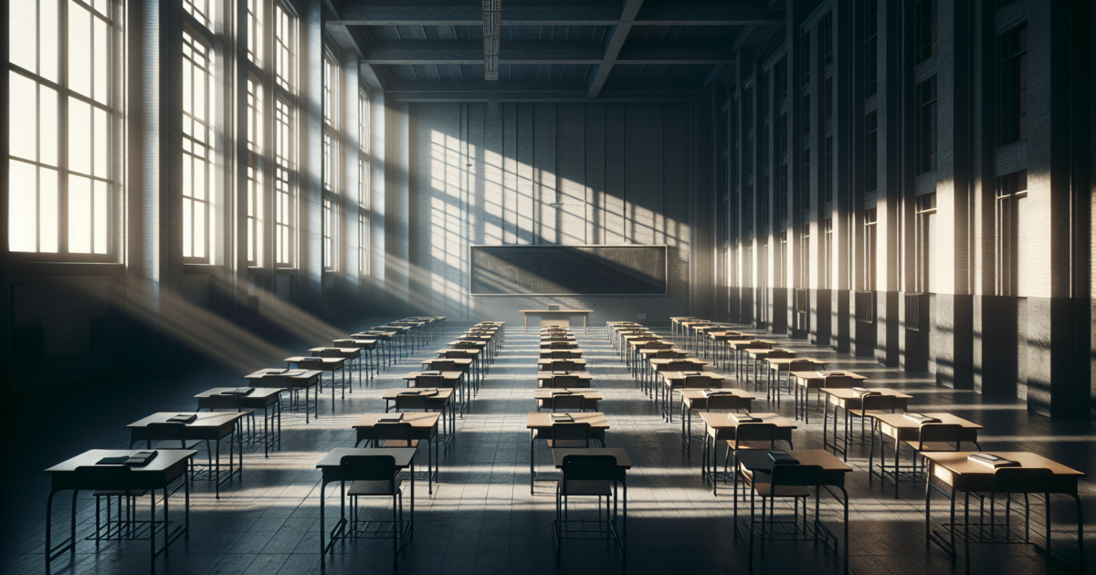 Leeg klaslokaal met rijen tafels gericht naar het schoolbord, symboliseert het lerarentekort