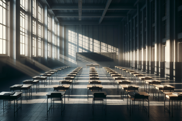 Leeg klaslokaal met rijen tafels gericht naar het schoolbord, symboliseert het lerarentekort