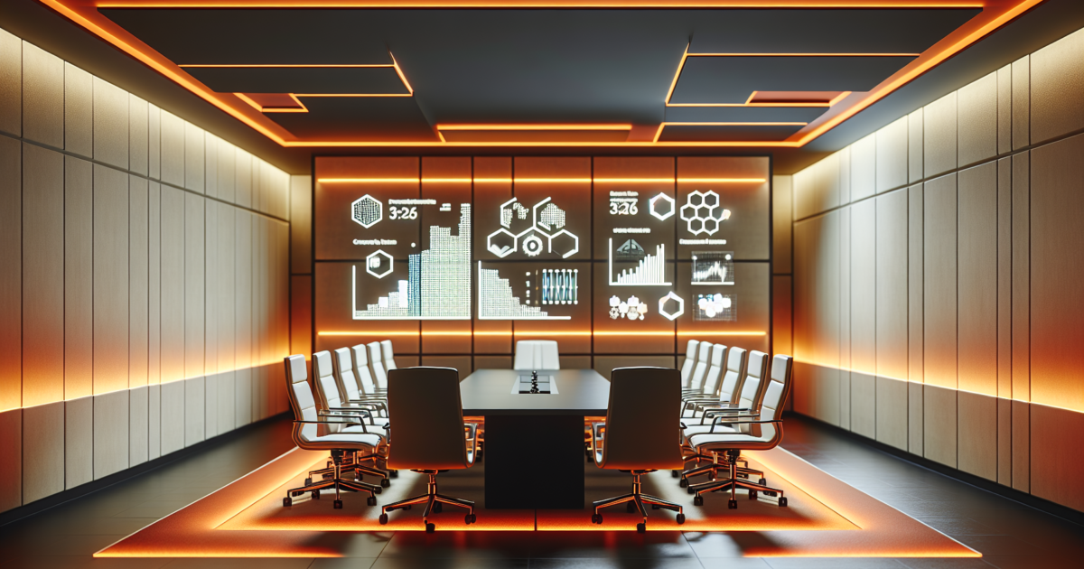 Moderne zakelijke omgeving met data-visualisaties over afvalreductie en EU regelgeving