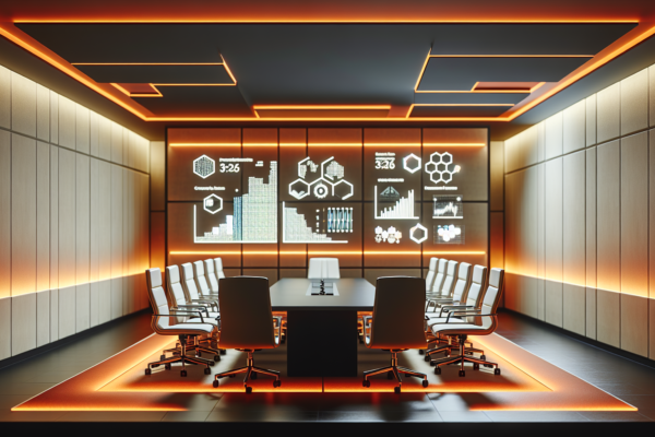 Moderne zakelijke omgeving met data-visualisaties over afvalreductie en EU regelgeving