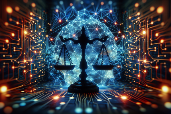 Conceptuele weergave van digitale rechtvaardigheid en AI-wetgeving