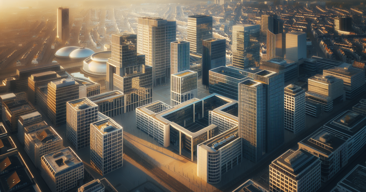 Luchtfoto van het Nederlandse financiële district met moderne kantoorgebouwen tijdens het gouden uur