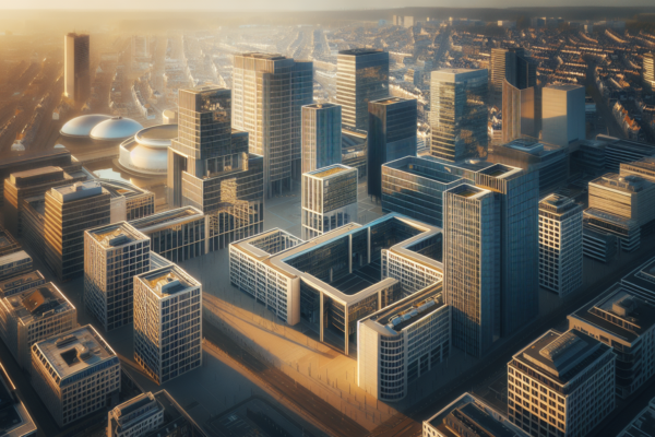 Luchtfoto van het Nederlandse financiële district met moderne kantoorgebouwen tijdens het gouden uur