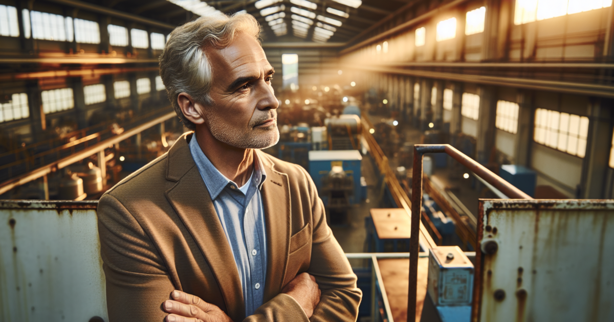 Ervaren werknemer in industriële omgeving die nadenkt over vervroegde uittreding
