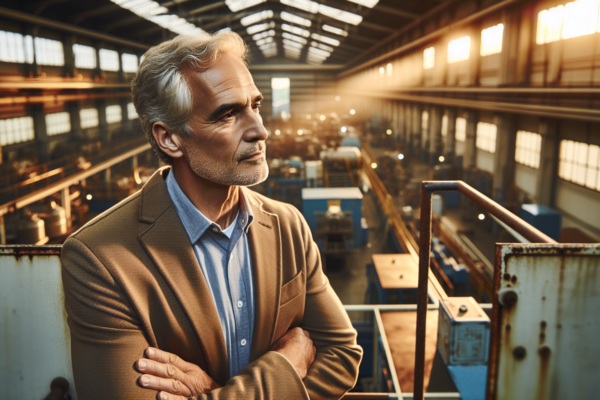 Ervaren werknemer in industriële omgeving die nadenkt over vervroegde uittreding