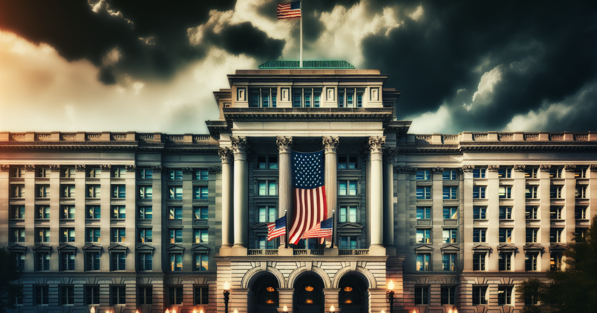 Amerikaans federaal overheidsgebouw met vlag, symboliseert beleidsveranderingen