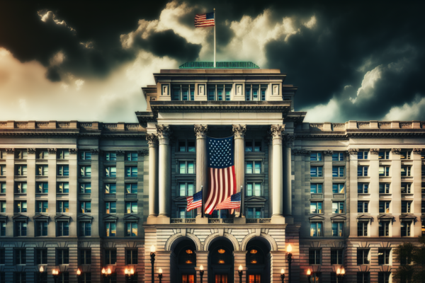 Amerikaans federaal overheidsgebouw met vlag, symboliseert beleidsveranderingen