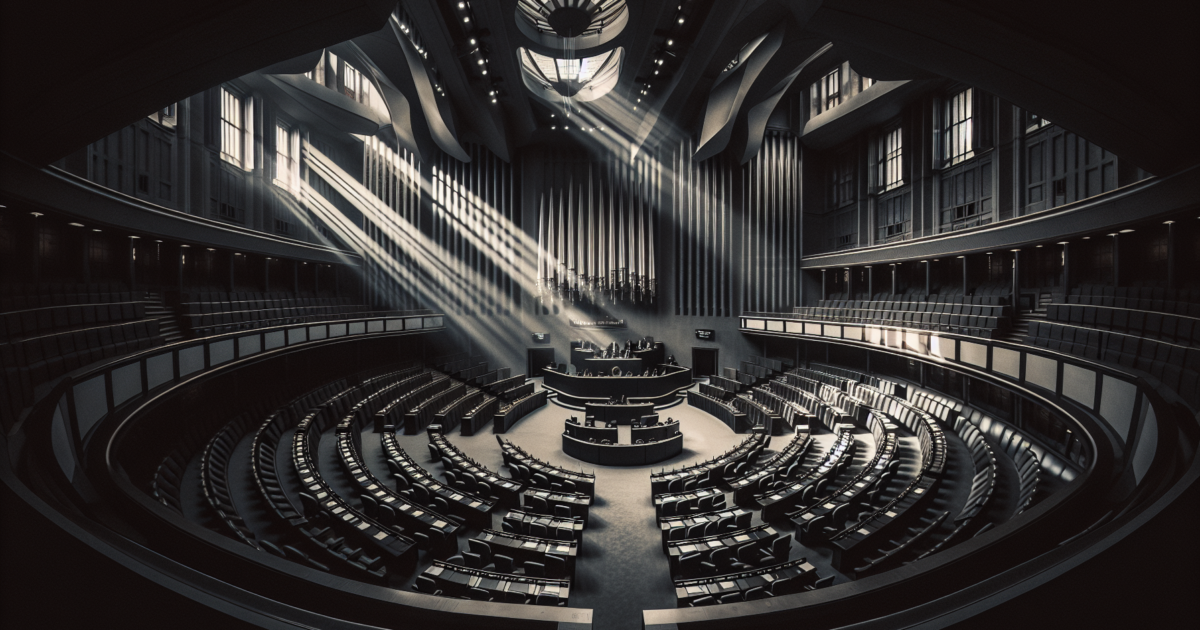 Lege Tweede Kamer met dramatische belichting die de parlementaire zetels benadrukt