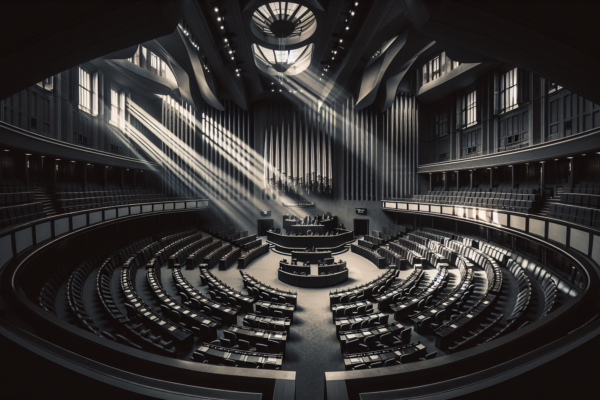 Lege Tweede Kamer met dramatische belichting die de parlementaire zetels benadrukt