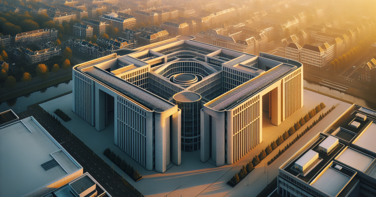 Luchtfoto van een modern overheidsgebouw dat de Nederlandse belastingdienst symboliseert