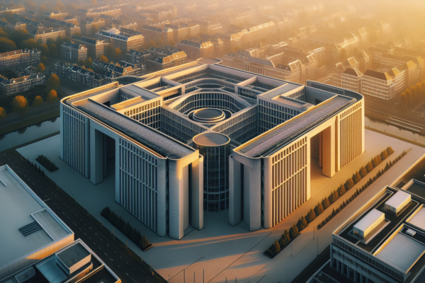 Luchtfoto van een modern overheidsgebouw dat de Nederlandse belastingdienst symboliseert