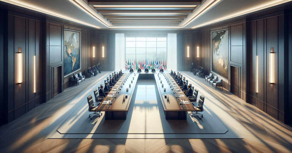 Diplomatieke vergaderruimte met internationale vlaggen die samenwerking en overleg symboliseert
