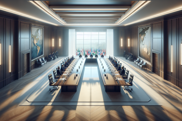 Diplomatieke vergaderruimte met internationale vlaggen die samenwerking en overleg symboliseert