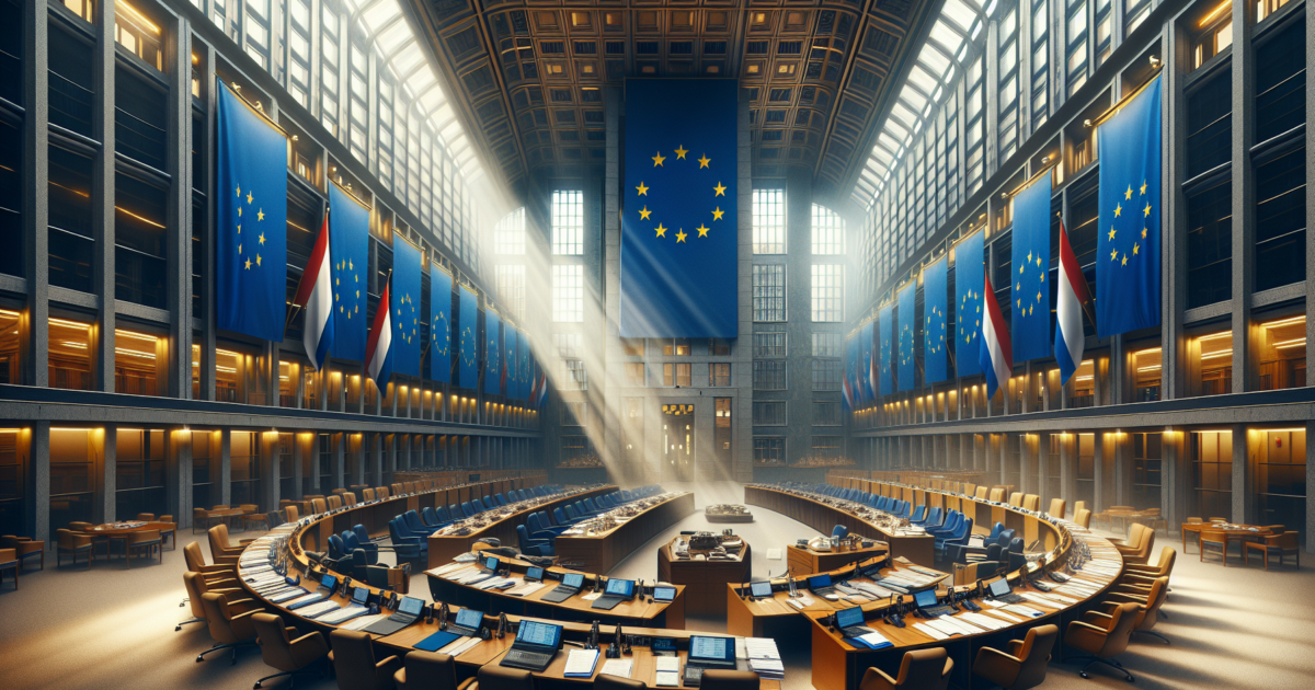 Nederlandse overheidsgebouwen met EU-vlaggen, symboliserend de spanning tussen nationale begrotingskeuzes en Europese regels
