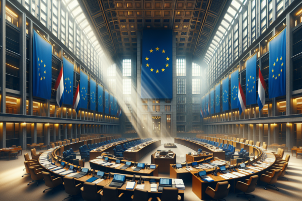 Nederlandse overheidsgebouwen met EU-vlaggen, symboliserend de spanning tussen nationale begrotingskeuzes en Europese regels