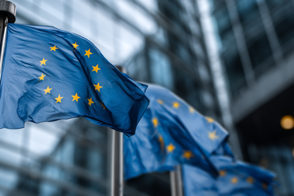 Europese vlaggen voor een modern overheidsgebouw, symbolisch voor Europese samenwerking