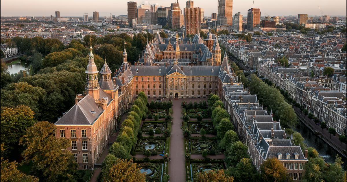 Luchtfoto van het Haagse regeringsdistrict met het Binnenhof en moderne kantoorgebouwen