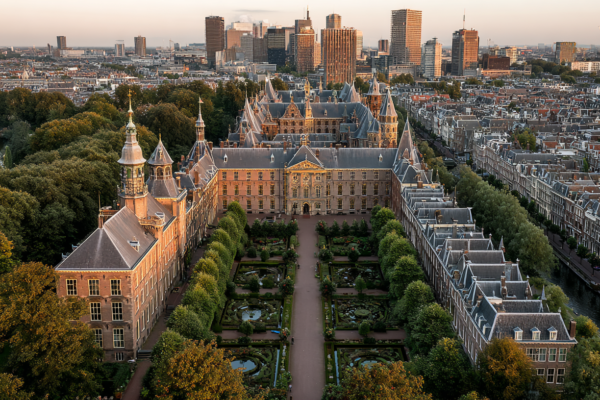 Luchtfoto van het Haagse regeringsdistrict met het Binnenhof en moderne kantoorgebouwen