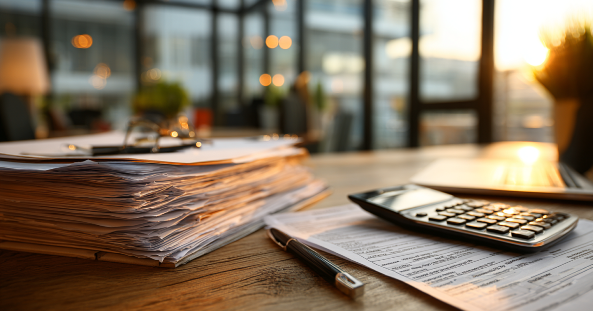 Professionele werkplek met belastingdocumenten en calculator, symbolisch voor fiscale planning